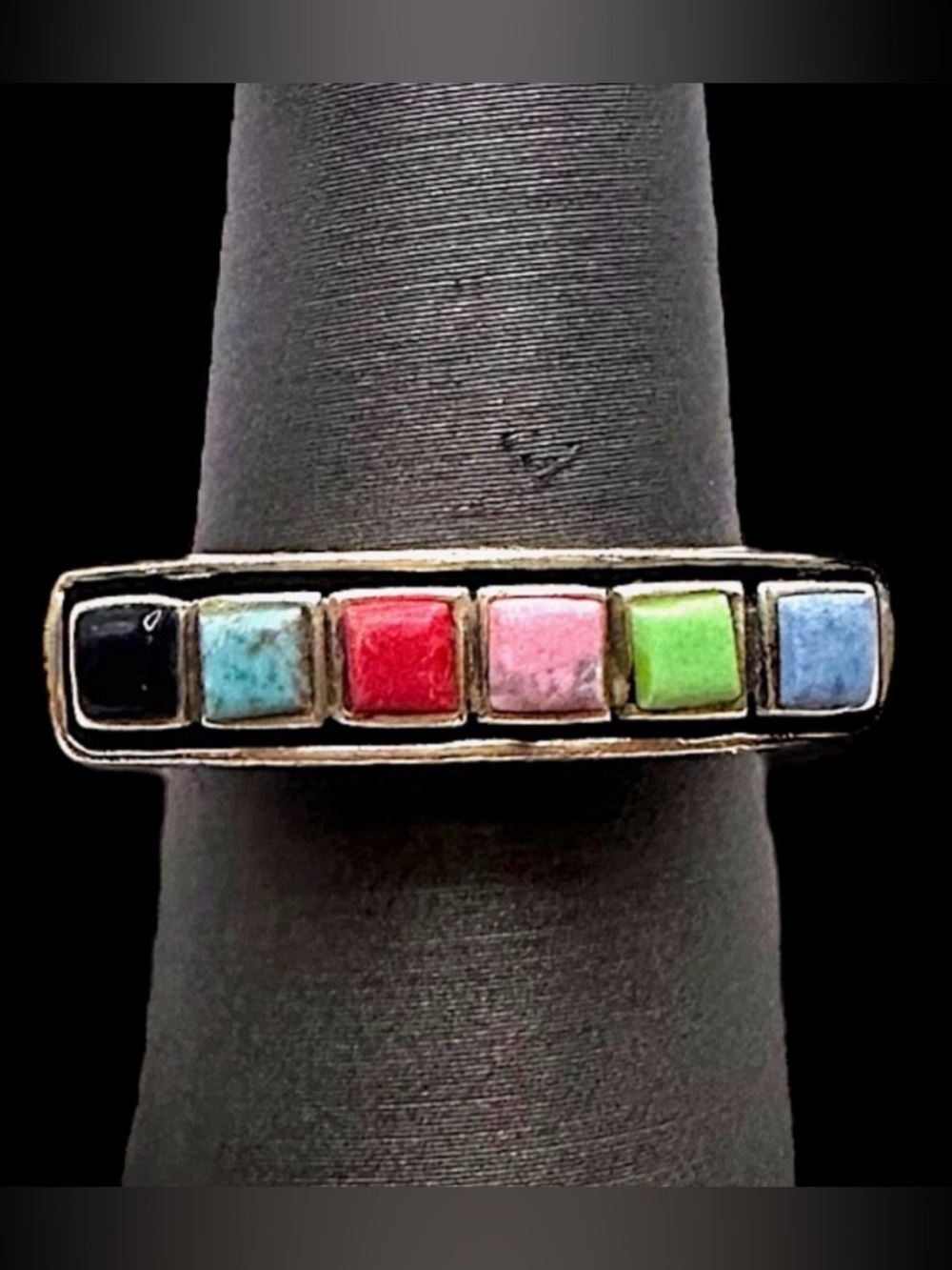 Sterling Silver Native-Style Rainbow Stone Ring | Raised Filigree | Stamped©️HS